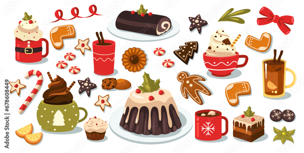 Christmas sweets and drinks. Cartoon winter holiday traditional food, cup of hot chocolate with marshmallows, poinsettia plant and holly berries. Vector set