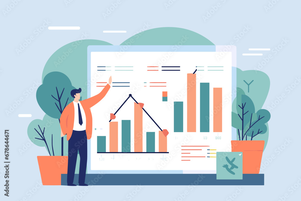 Businessman present graph with high improvement bar chart. Success investment, growing sales, or company growth concept. Boost profit, increase revenue, or improve performance.