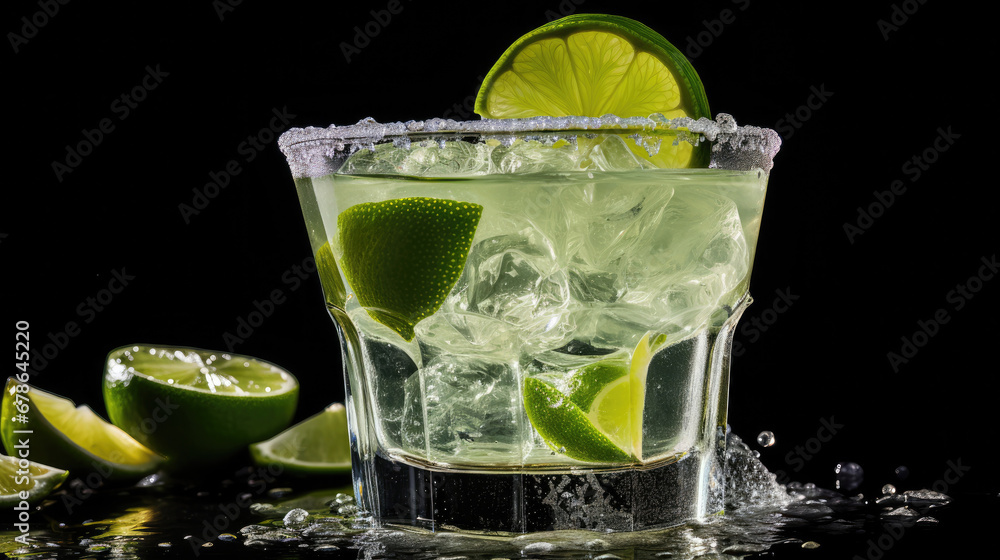 A slice of lime creating a zesty splash in a margarita cocktail.