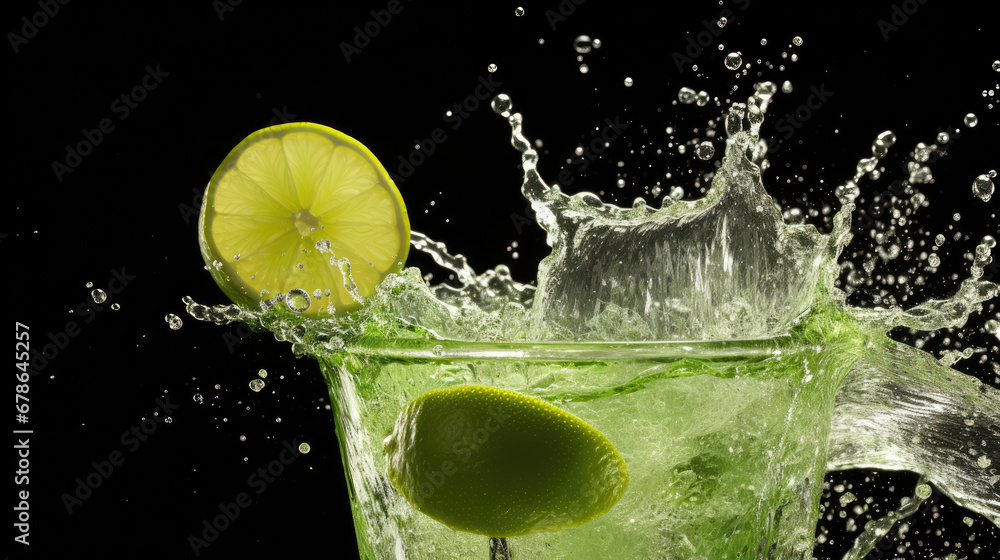 A slice of lime creating a zesty splash in a margarita cocktail.