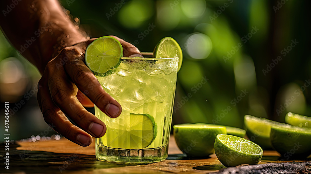 mojito cocktail on the table, A slice of lime creating a zesty splash in a margarita cocktail.