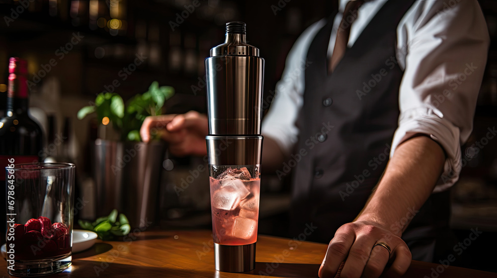 bartender pouring cocktail in bar, Cocktail shaker in action.