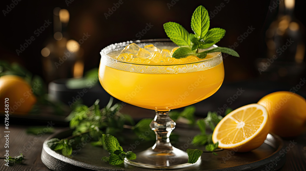 cocktail with lime and mint, Cocktail glass with a citrus garnish.,cocktail on the table