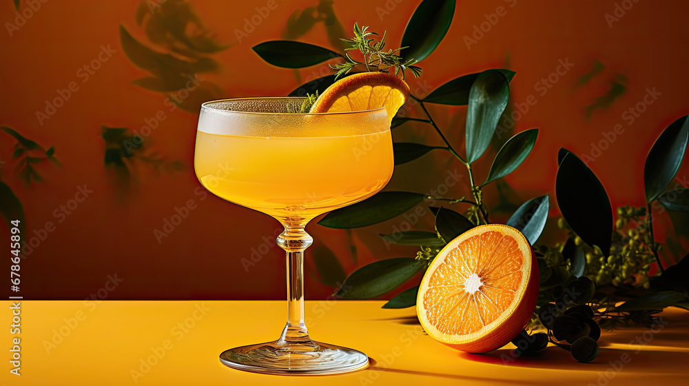 orange cocktail with lime, Cocktail glass with a citrus garnish.,cocktail on the table