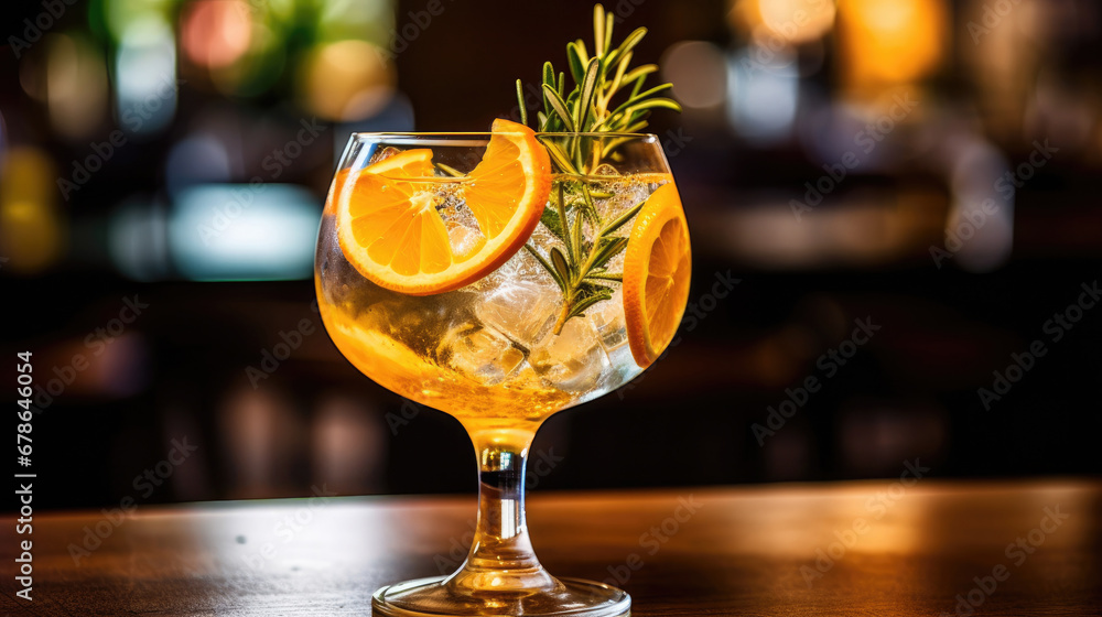 Cocktail glass with a citrus garnish.,cocktail on the table, glass of orange juice