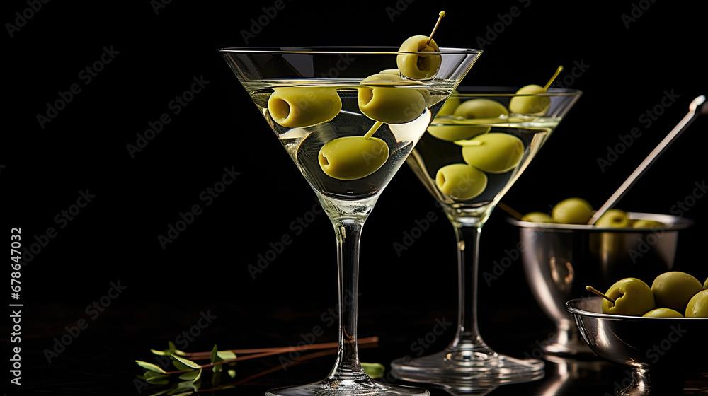 martini cocktail with olives, Classic martini cocktail with an olive twist.