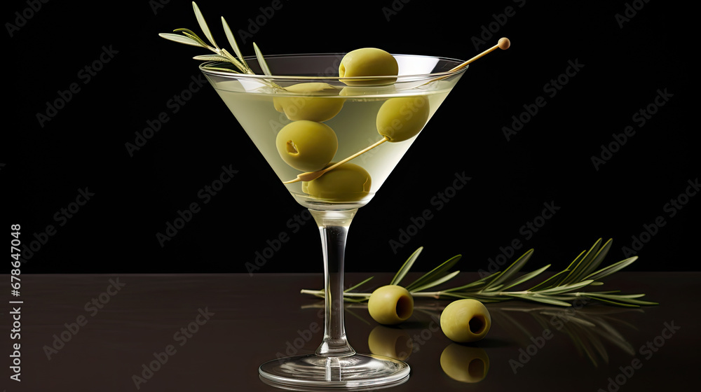 martini cocktail with olives, Classic martini cocktail with an olive twist.