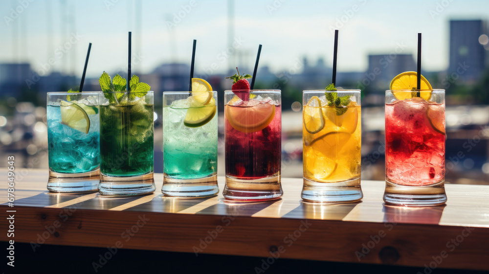  set of Alcoholic cocktails, Variety of alcoholic drinks and multi colored cocktails on the reflective surface of bar counter, Cocktails served at an outdoor bar.