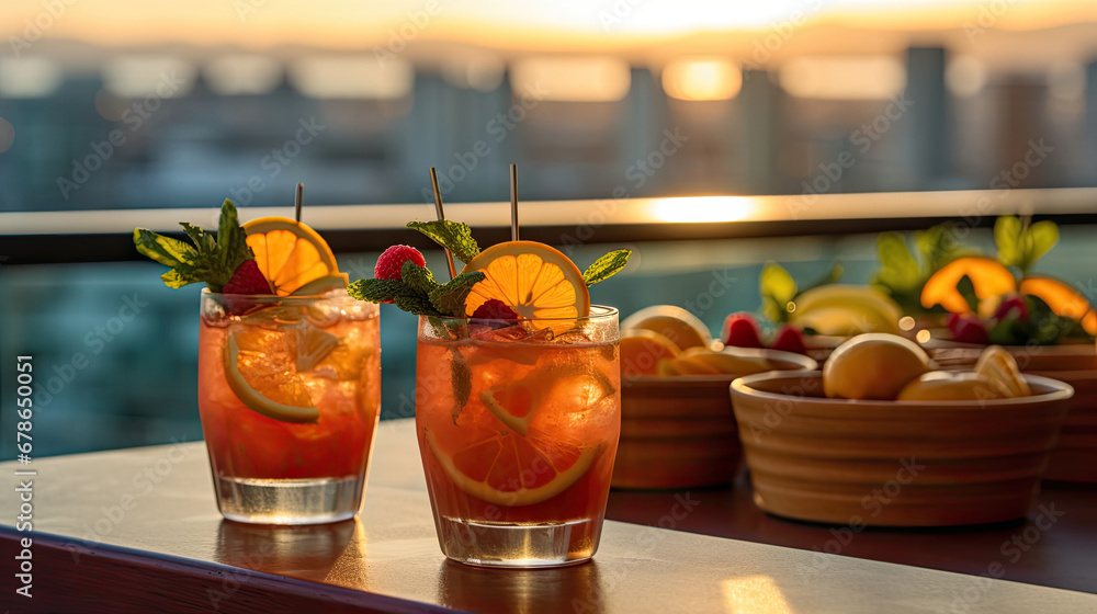  set of Alcoholic cocktails, Variety of alcoholic drinks and multi colored cocktails on the reflective surface of bar counter, Cocktails served at an outdoor bar.