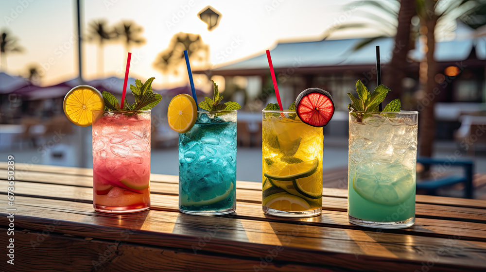  set of Alcoholic cocktails, Variety of alcoholic drinks and multi colored cocktails on the reflective surface of bar counter, Cocktails served at an outdoor bar.