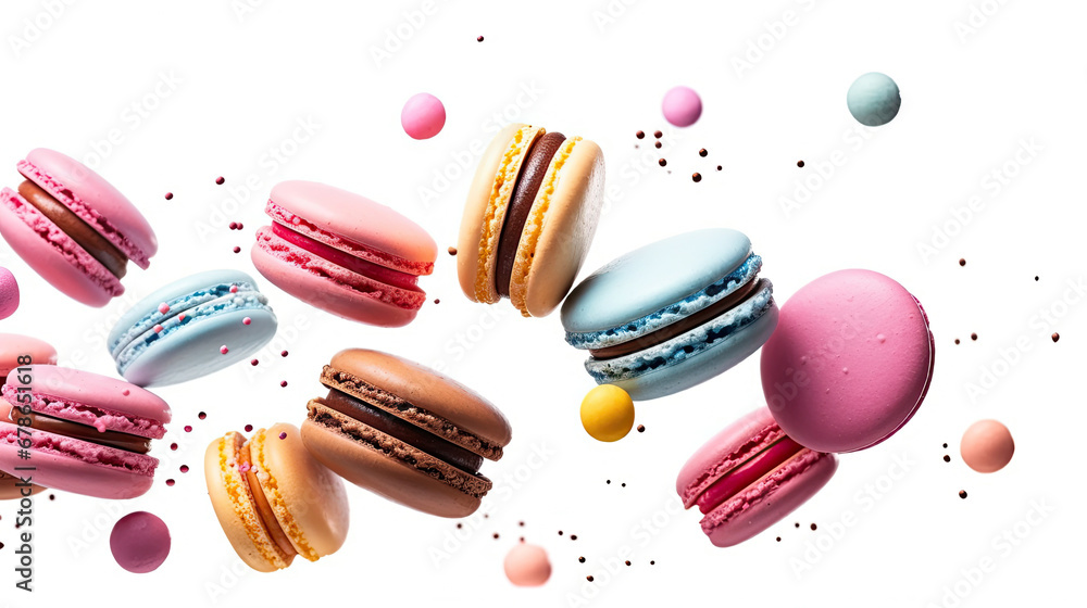 colorful macaroons isolated on white,Various colorful of macarons floating on the air, Desserts sweet cake concept