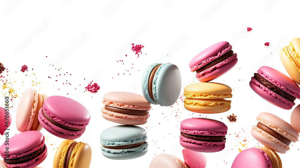 colorful macaroons isolated on white,Various colorful of macarons floating on the air, Desserts sweet cake concept