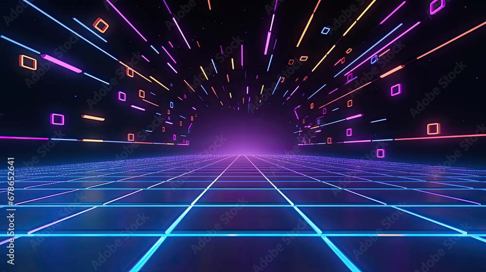 3d technology abstract neon light background, empty space scene, spotlight, dark night, virtual reality, cyber futuristic sci-fi background, street floor studio for mock up. colored geometric.