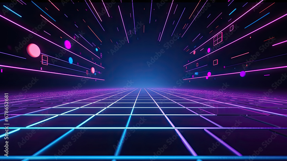 3d technology abstract neon light background, empty space scene, spotlight, dark night, virtual reality, cyber futuristic sci-fi background, street floor studio for mock up. colored geometric.