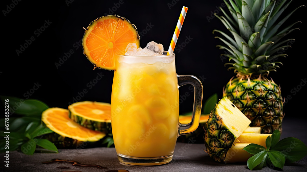 Cocktail made with vodka, mango, pineapple juice, and alcohol. Long drink or icy mocktail during summer. exotic fruits and a dark tropical backdrop with palm foliage., pineapple juice in a glass