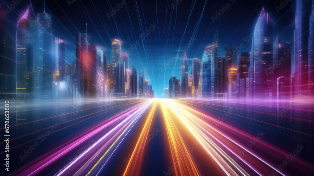 abstract background with lights,Speed light trails path through smart modern mega city and skyscrapers town with neon futuristic technology background, future virtual reality,motion effect, high speed