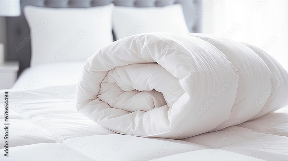 White folded duvet lying on white bed background. Preparing for winter season, household, domestic activities, hotel or home textile, bed with pillows,A folded rolls duvet is lying on the dresser 