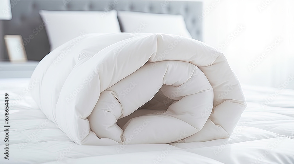 White folded duvet lying on white bed background. Preparing for winter season, household, domestic activities, hotel or home textile, bed with pillows,A folded rolls duvet is lying on the dresser 