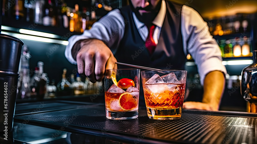 glass of whiskey on bar counter, Man bartender hand making negroni cocktail. Negroni classic cocktail and gin short drink with sweet vermouth, red bitter liqueur