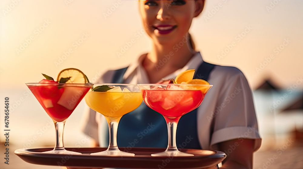 woman with cocktail, Waitress serving cocktails on the beach. Young woman in uniform serving cold drinks at a seashore in outdoor cafe or beach bar. Beach party, summer holidays and vacation concept.