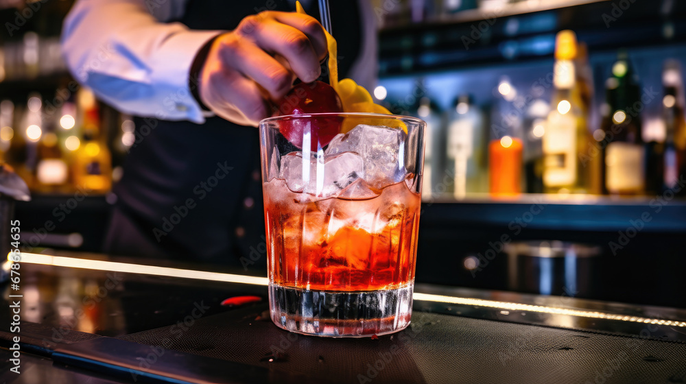 glass of whiskey on bar counter, Man bartender hand making negroni cocktail. Negroni classic cocktail and gin short drink with sweet vermouth, red bitter liqueur