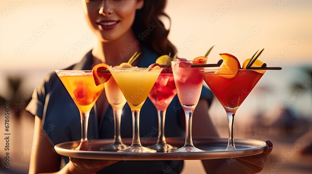 woman with cocktail, Waitress serving cocktails on the beach. Young woman in uniform serving cold drinks at a seashore in outdoor cafe or beach bar. Beach party, summer holidays and vacation concept.