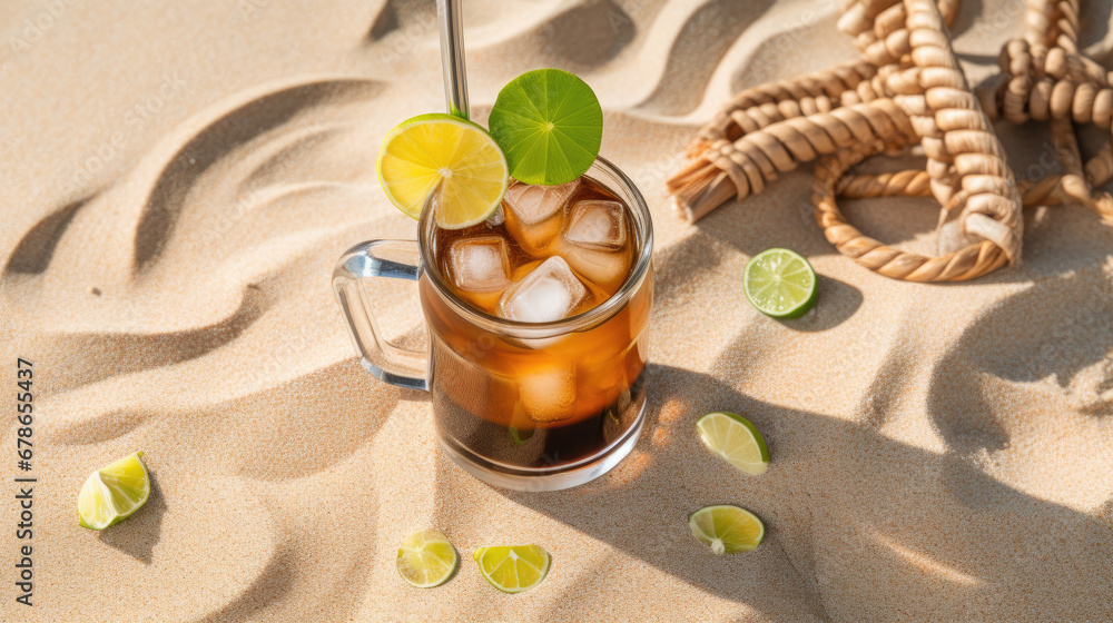 Glass and mason jar of cold Cuba Libre cocktail, seashells on sand beach