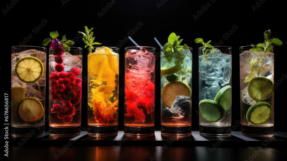 set of Alcoholic cocktails, Variety of alcoholic drinks and multi colored cocktails on the reflective surface of bar counter, Mixologists creativity in cocktail