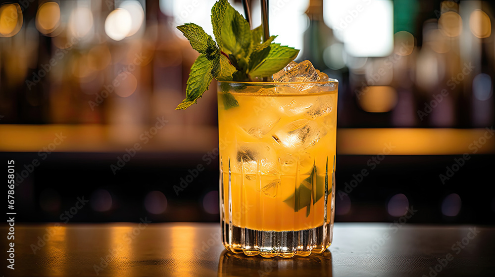 cocktail with lime, Mai tai cocktail on a bar counter with blurred background, 