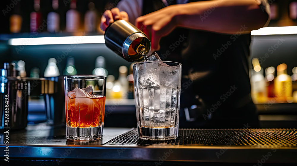 bartender pouring beer into glass, Man bartender hand making negroni cocktail. Negroni classic cocktail and gin short drink with sweet vermouth, red bitter liqueur