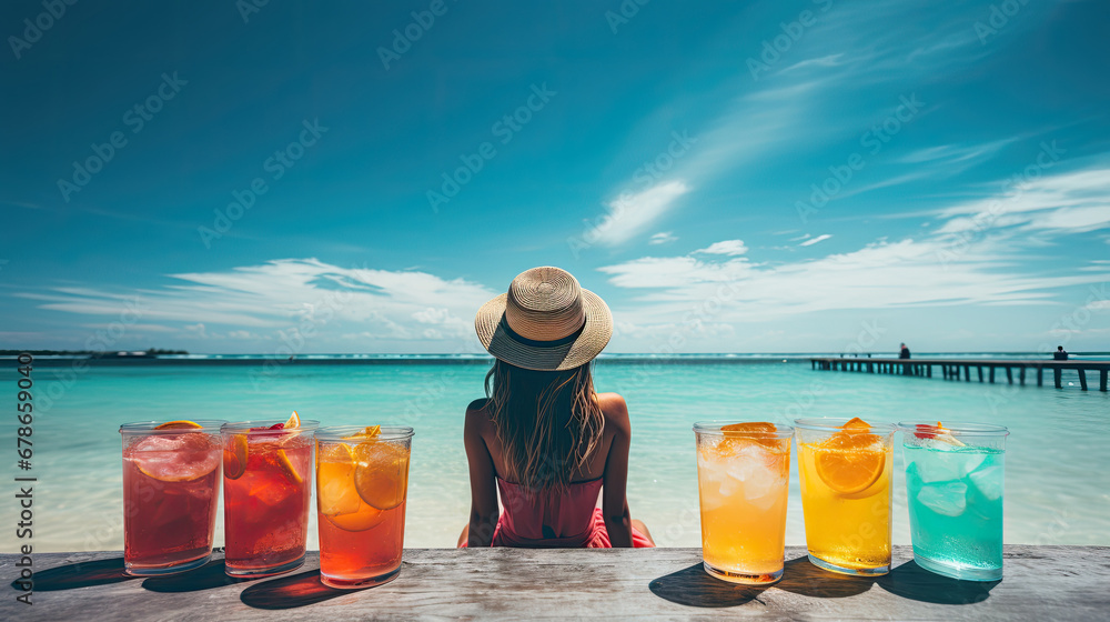 woman drinking cocktail on the terrace beach, Woman relaxing at the beach, drinking cocktails, looking beach