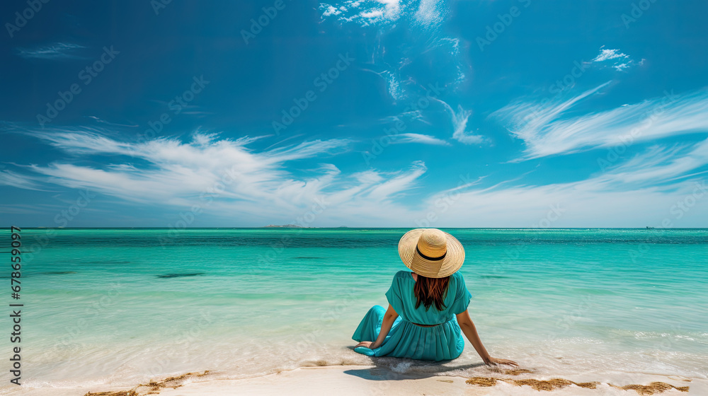 woman drinking cocktail on the terrace beach, Woman relaxing at the beach, drinking cocktails, looking beach