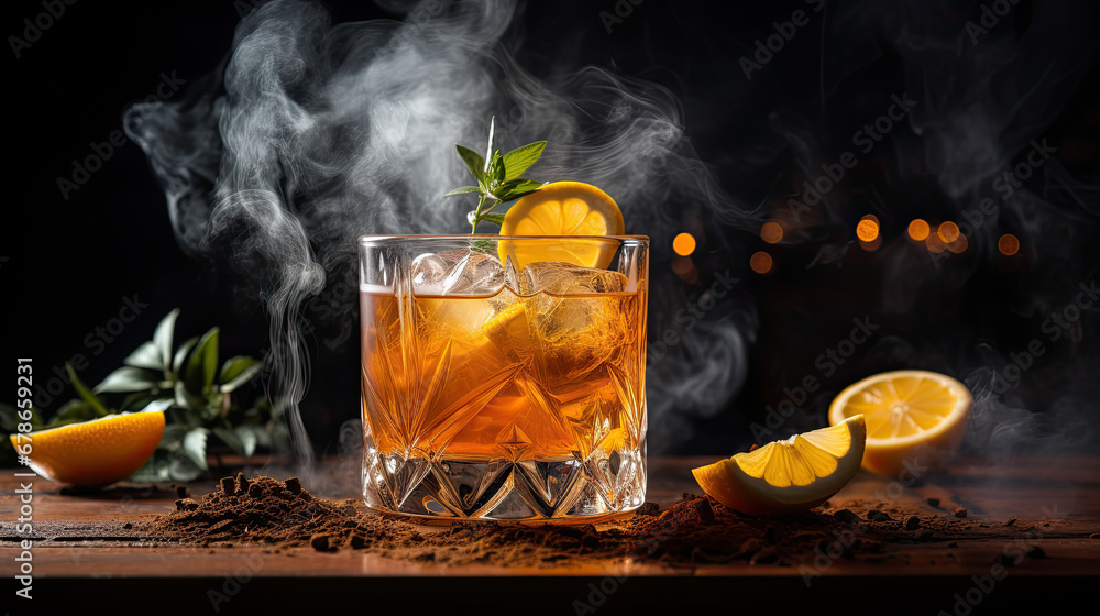 glass of whiskey with ice, Whiskey cocktail with a smoky finish.