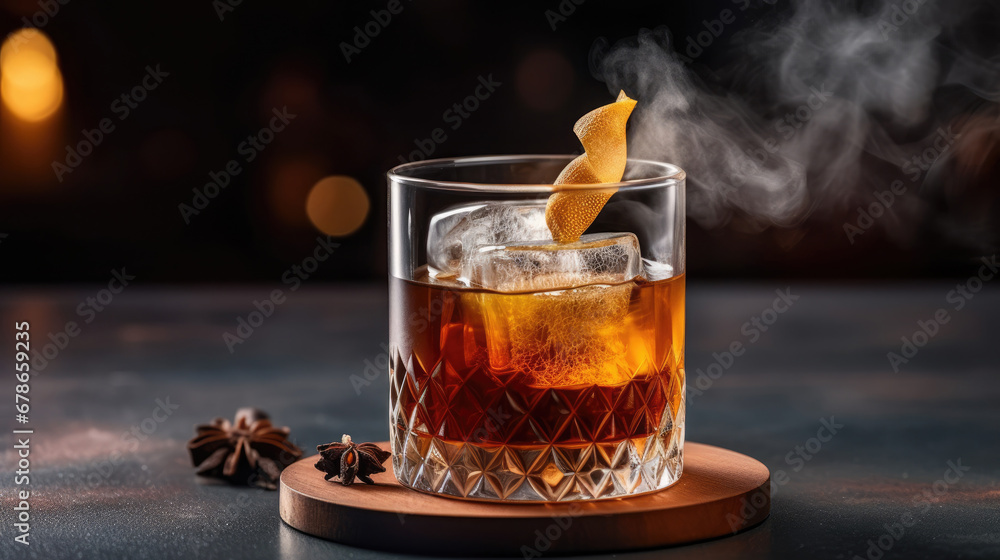 glass of whiskey with ice, Whiskey cocktail with a smoky finish.