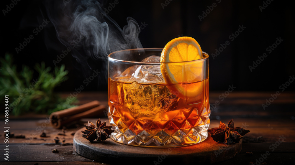 glass of whiskey with ice, Whiskey cocktail with a smoky finish.