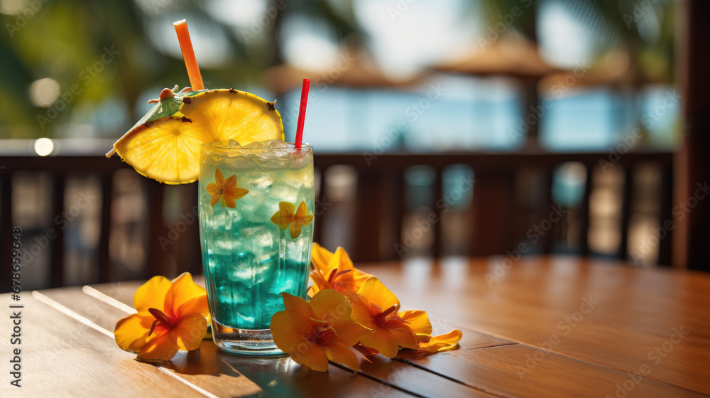 cocktail on the beach,a cocktail with orange slice and umbrella on top isolated on white background with space for text