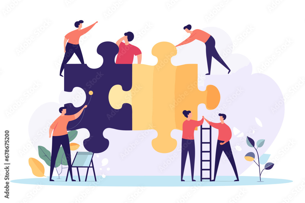 Business colleagues connect jigsaw puzzle pieces. Teamwork, cooperation, and partnership for solving problems, building teams, and achieving success. Help and support to work together.