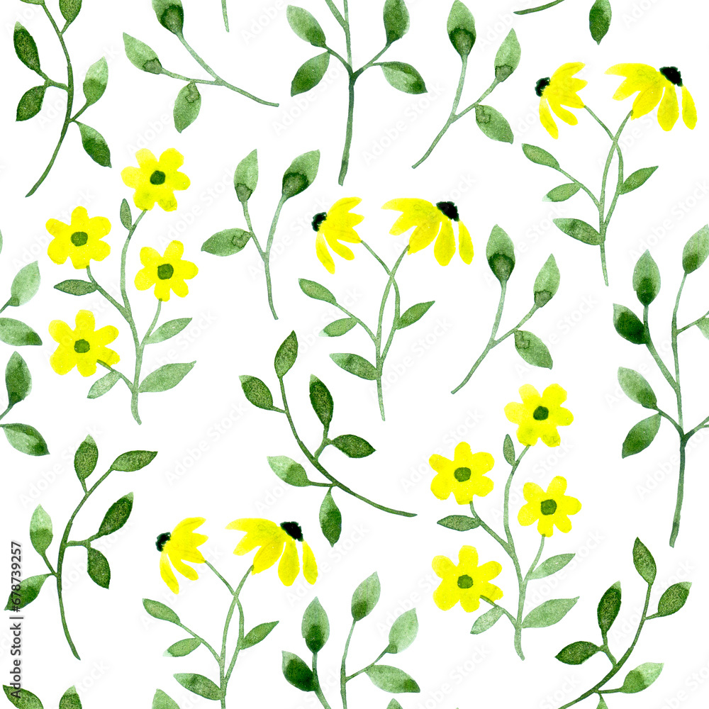 seamless pattern of simple yellow wildflowers. watercolor print of flowers.