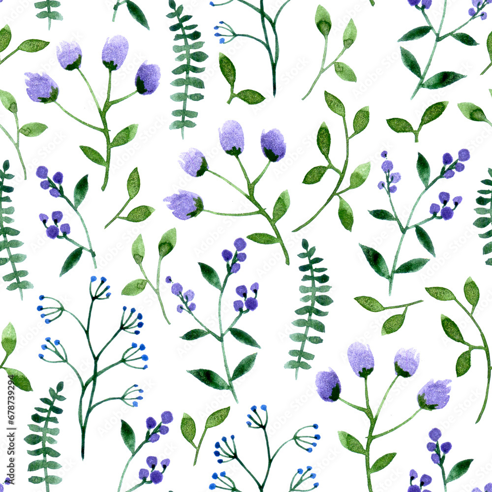 seamless pattern of simple wildflowers in violet color. watercolor print of flowers.