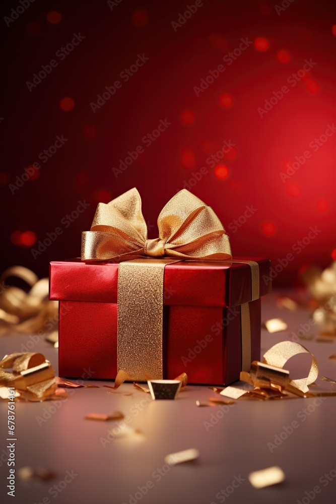 Red gift box and confetti on coloured background.