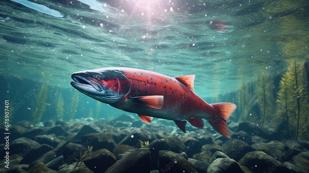 Salmon Fish Swimming in Shallow River to Spawn