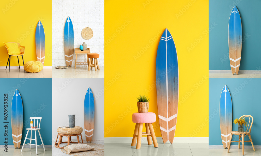 Collage with surfboards in interiors of rooms