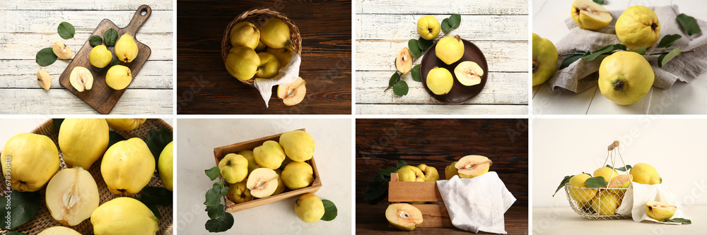 Collage with many ripe quinces