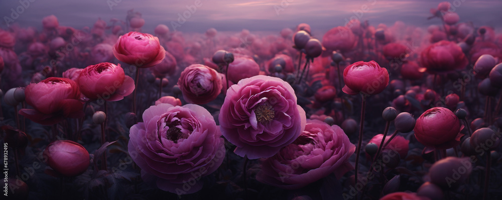 Peony flowers in a field under the night sky