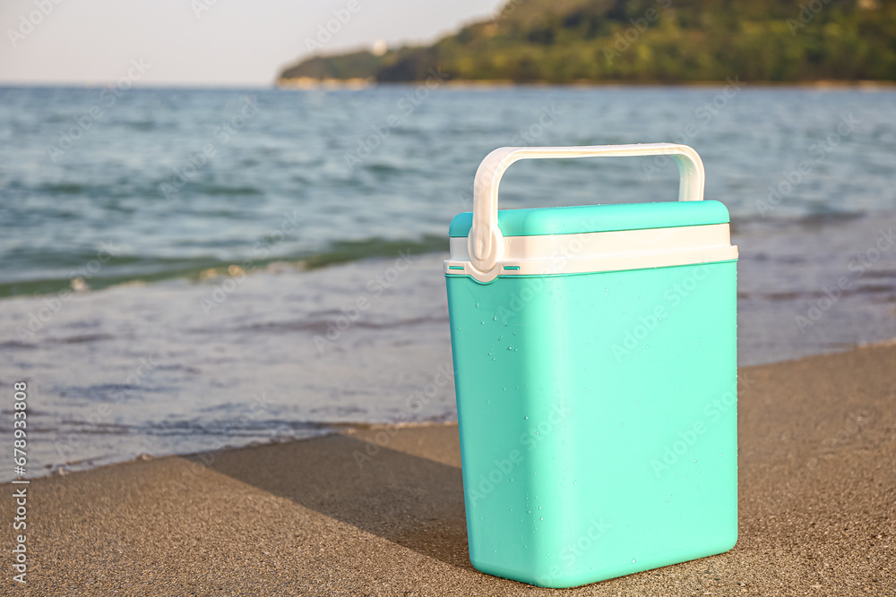 Modern beach cooler on sea shore