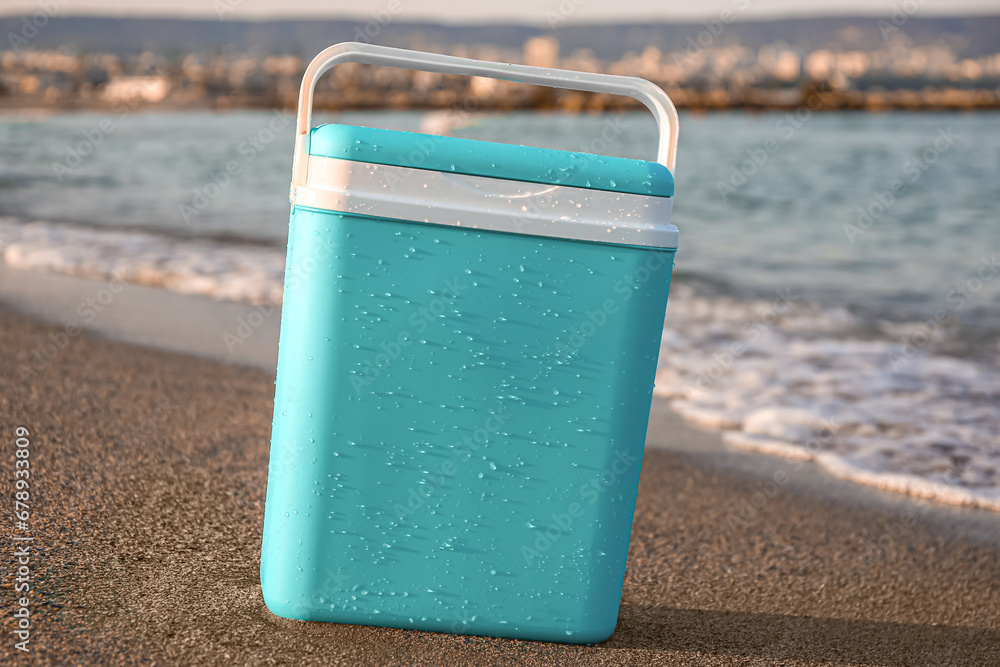 Modern beach cooler on sea shore