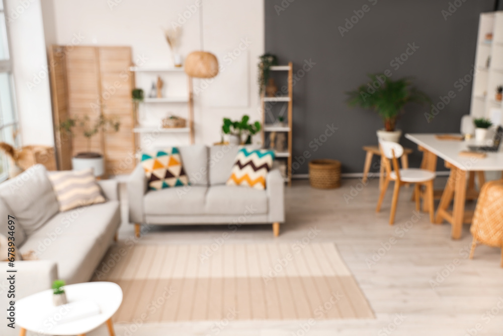 Blurred view of living room with sofas and plants