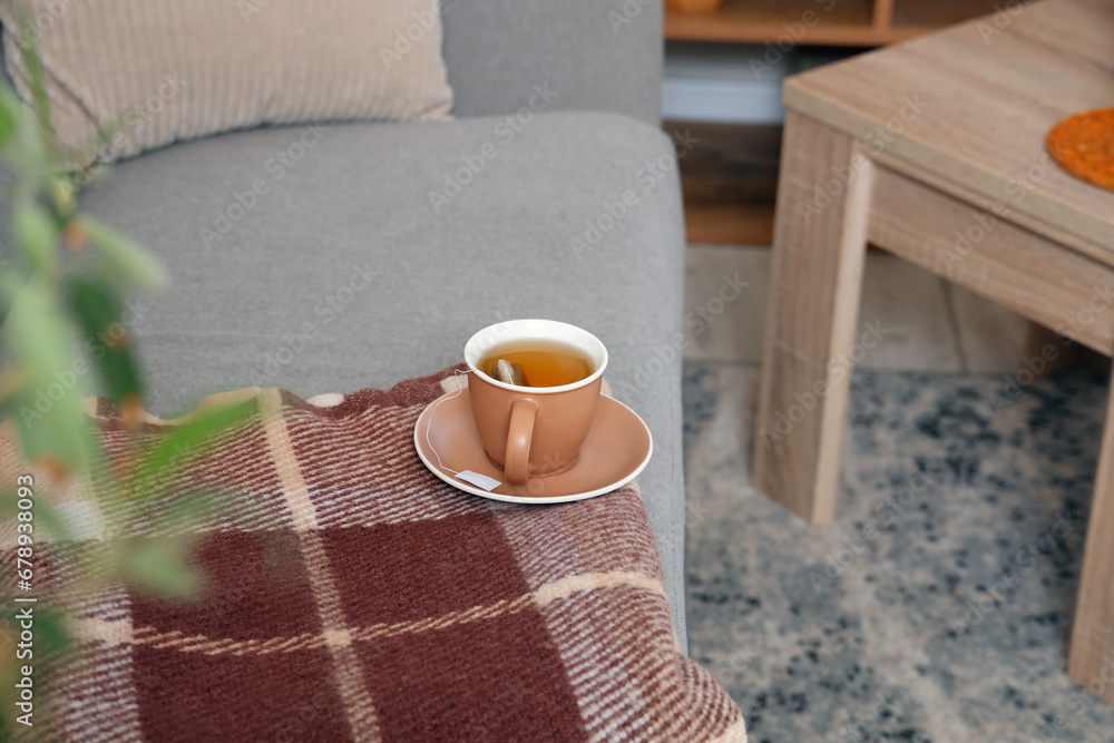 Cozy grey sofa with warm blanket and cup of hot tea in living room, closeup