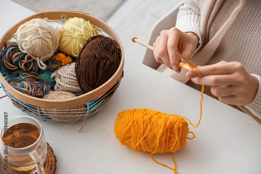 Young woman knitting with needles at home, closeup