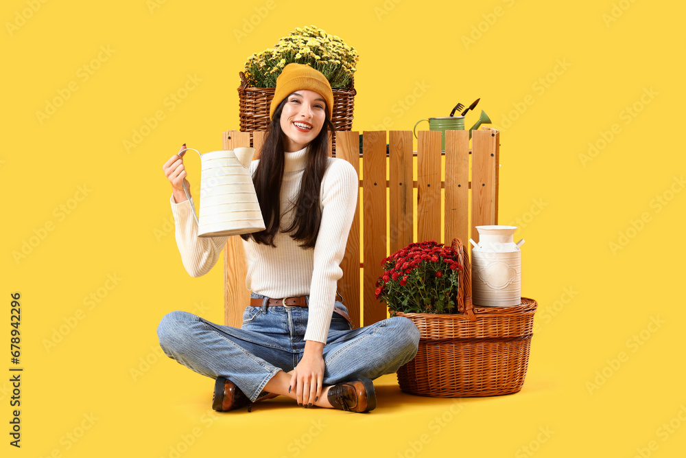 Young woman with watering can and chrysanthemum flowers on yellow background